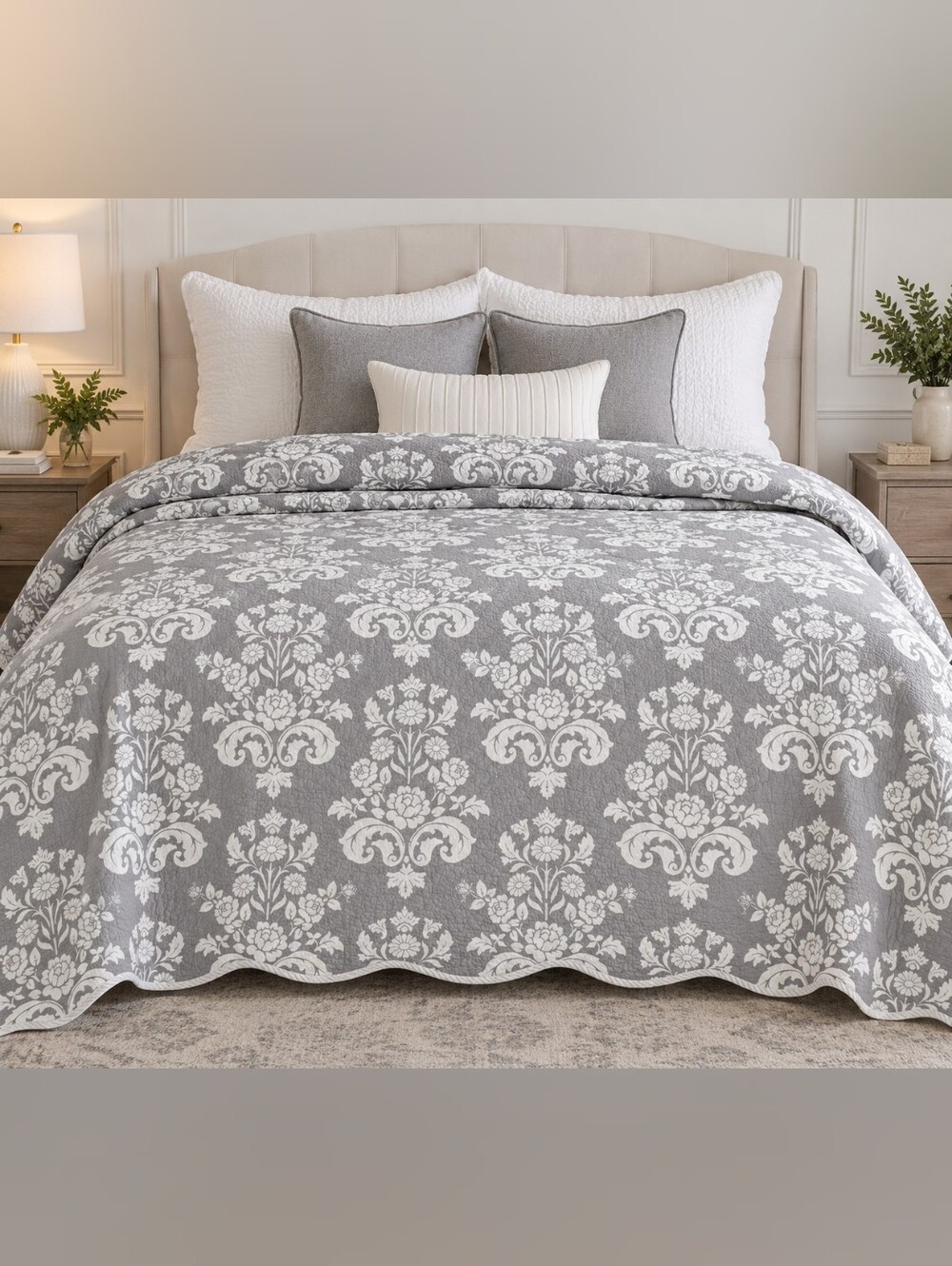 Gray and White Floral Damask Quilt Set - Elegant Home Bedding